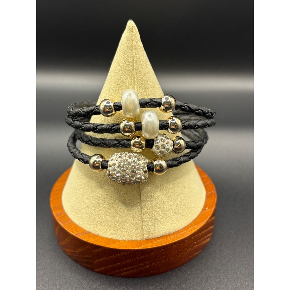 Black Braided Multi-Strand Bracelet Gold Faux Pearl Crystal Magnetic Clasp 6.75"